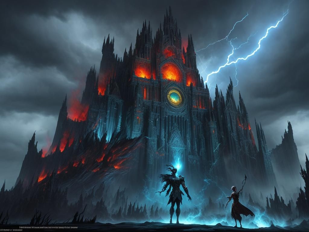 Surreal God Confronts Idol in Dark, Stormy Fantasy Landscape