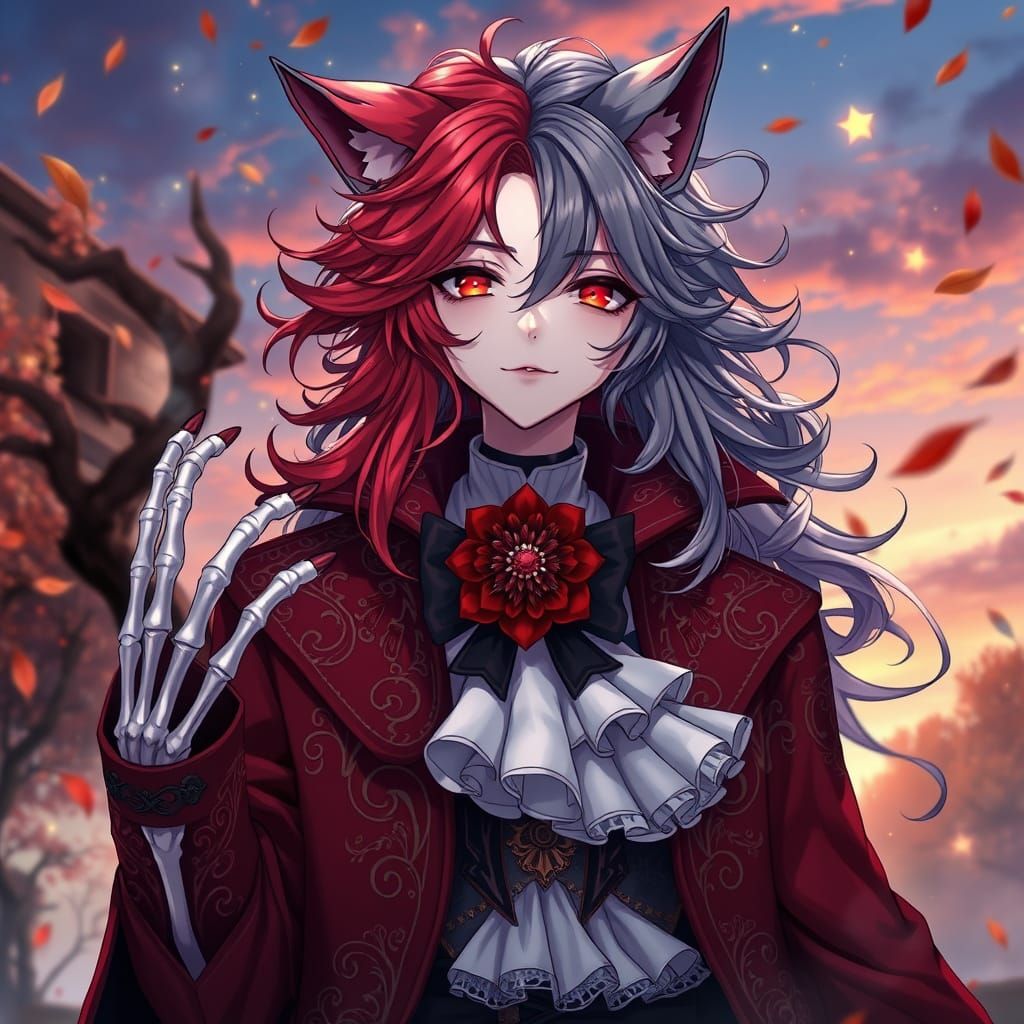 Gothic Anime Character with Wolf Ears and Crimson Hair