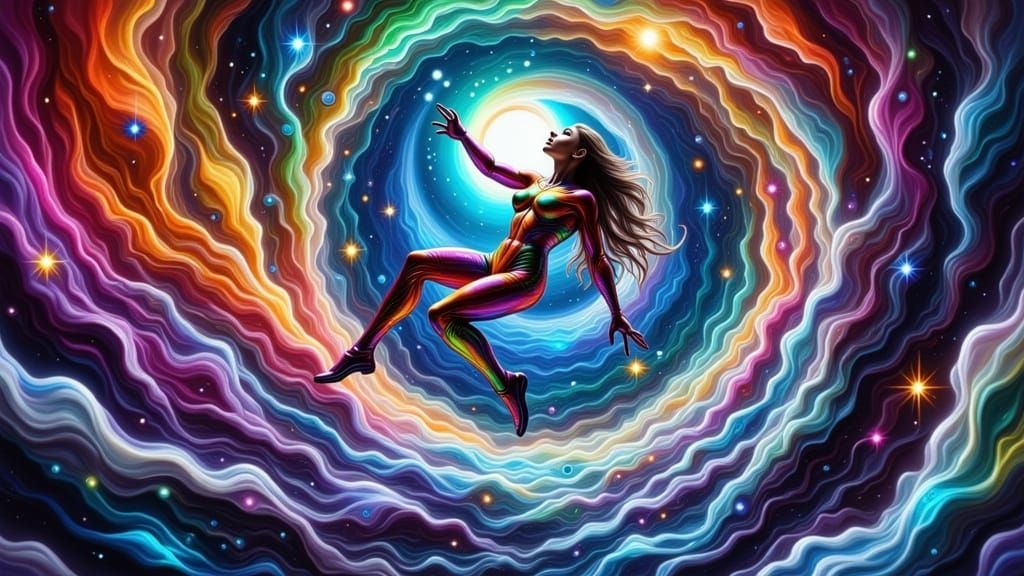 Woman in Spacesuit Amidst Plasma Vortex Tunnel