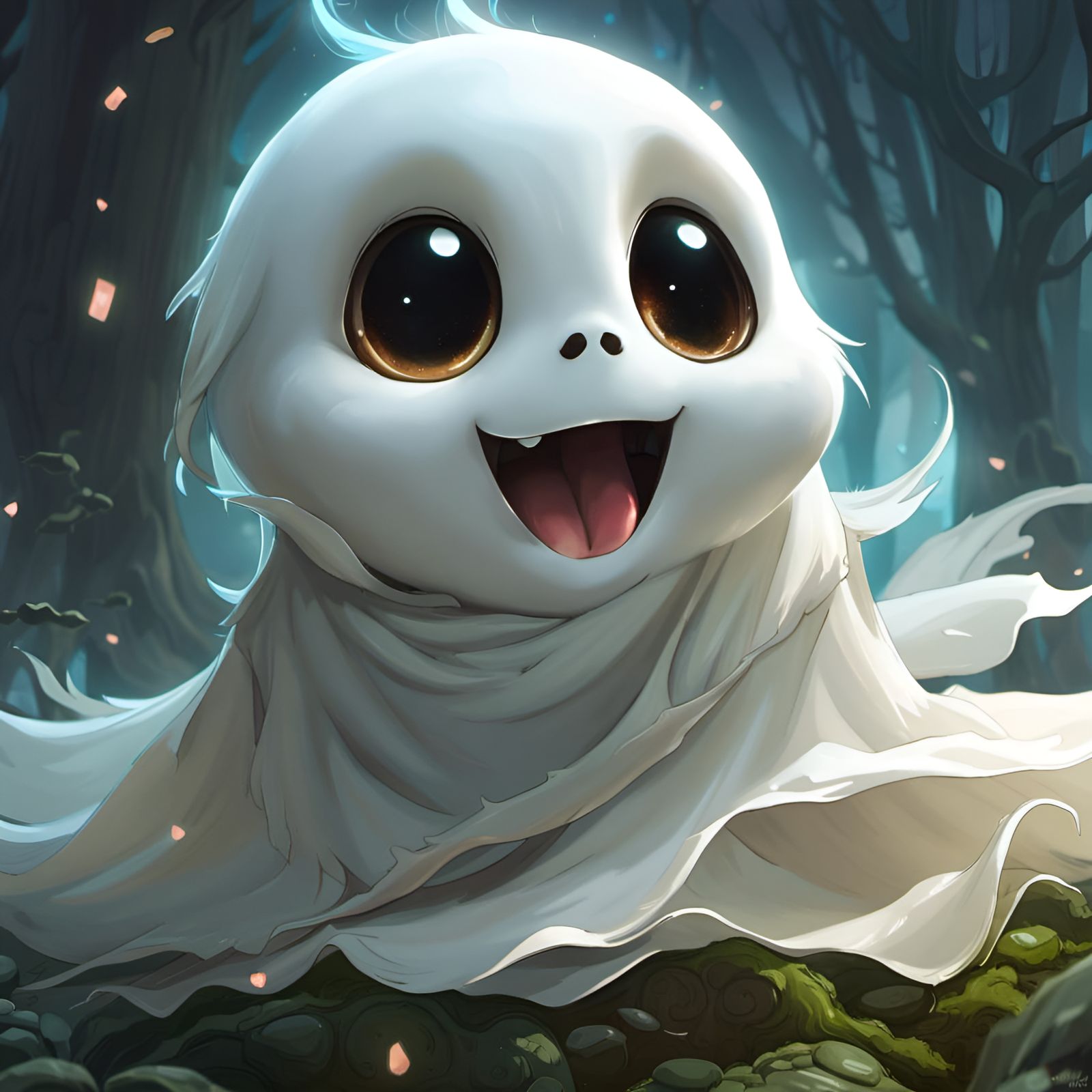 Chibi Ghost Smiles in Vibrant Fantasy World