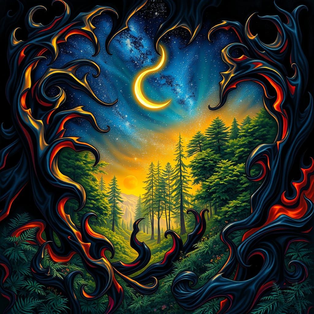 Swirling Black Flames Rise Amidst Starry Night Forest