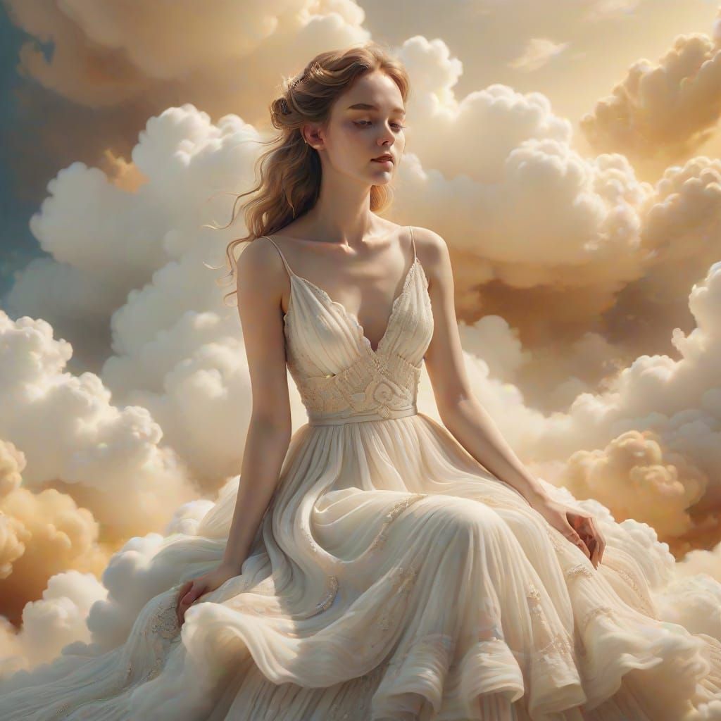 Dreamy Surrealism: Woman in White Dress on Cloud