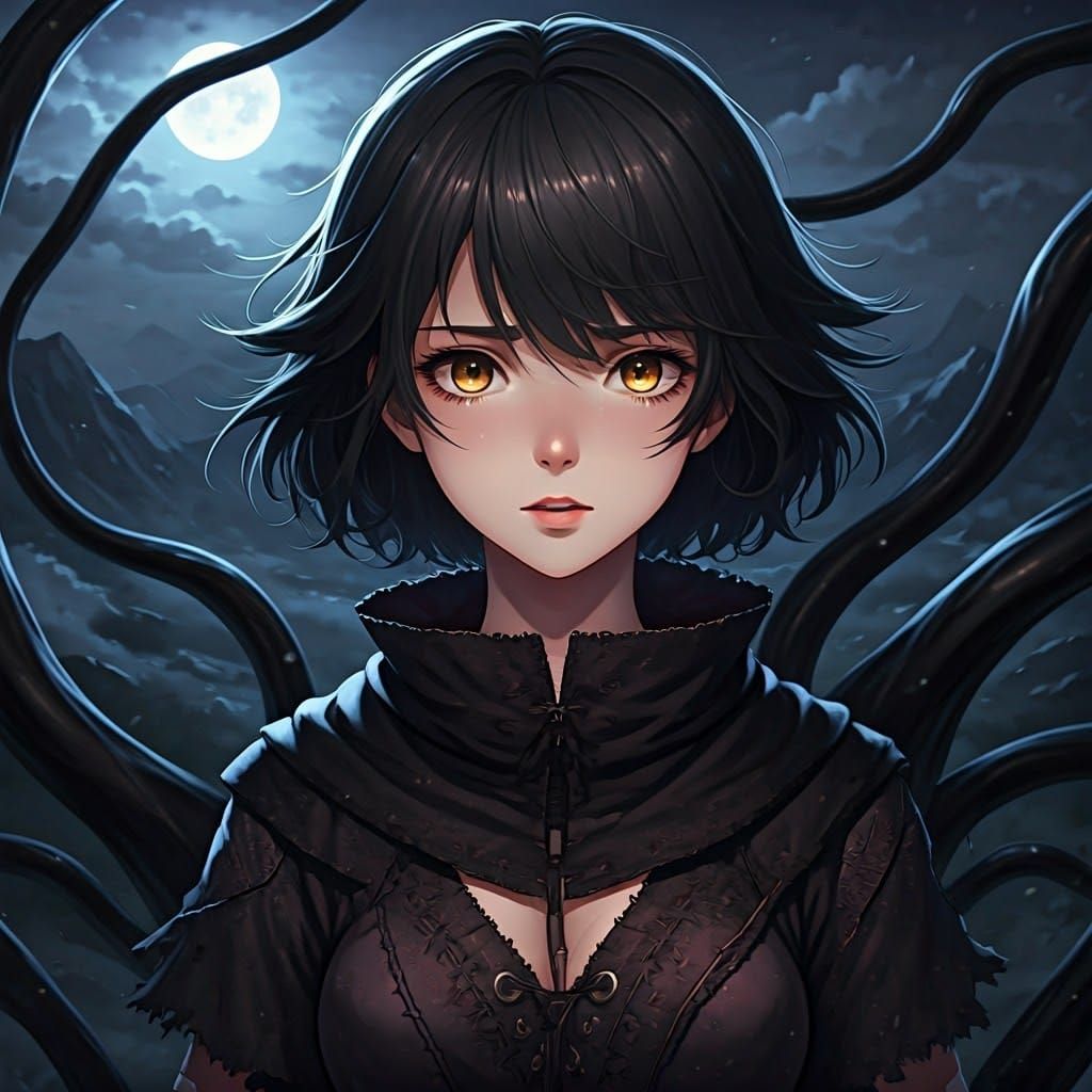 Gothic Anime Woman in Dark, Moonlit Landscape