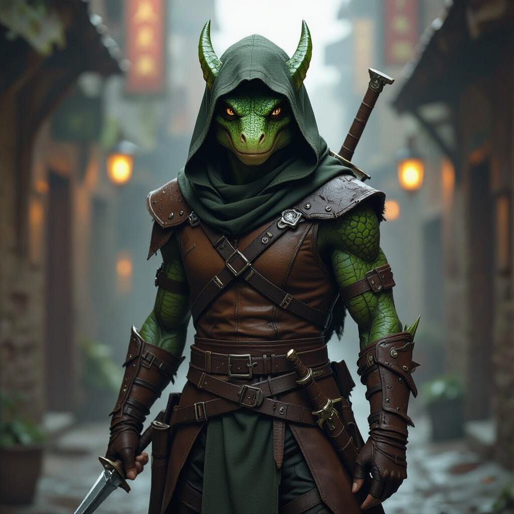 Green Dragonborn Rogue in Shadowy Alley, Fantasy Art
