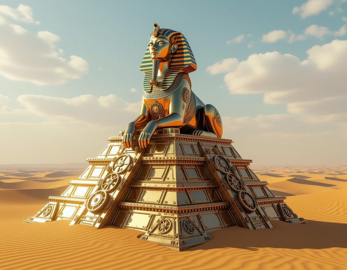 Steampunk Sphinx on Clockwork Pyramid in Desert