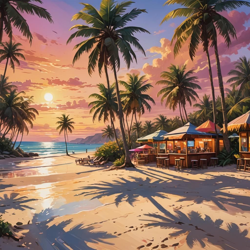 Surreal Tropical Sunset Beach Scene in Vibrant Digital Art