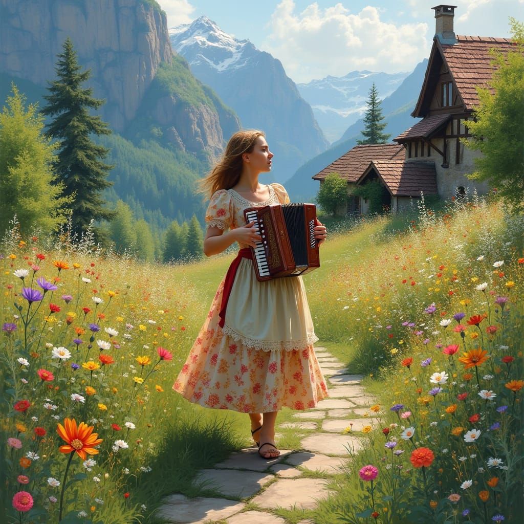 Charming Woman Plays Accordion in Impressionistic Garden