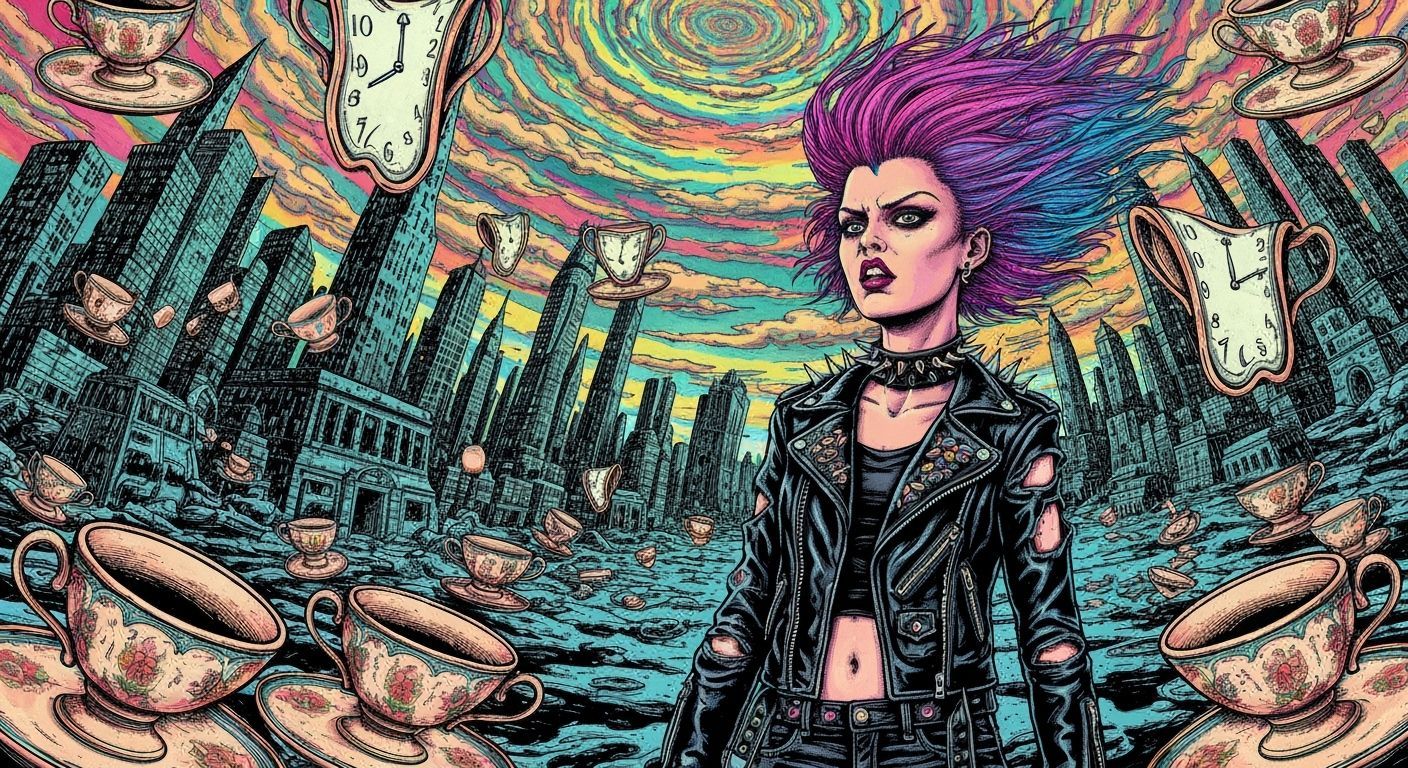 Punk Girl in Surreal Dreamscape with Floating Teacups