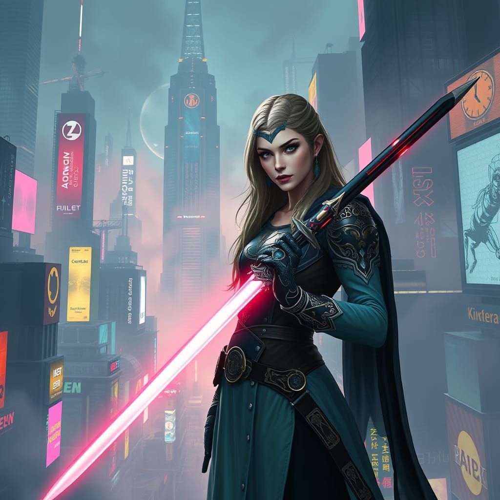 Cyberpunk Warrior Empowered by Ancient Magic