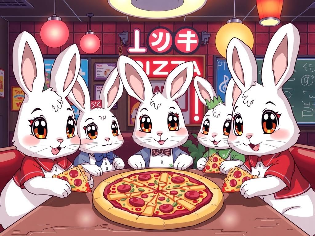 Colorful Anime-Style Pizza Party in 80s Themed Pizzeria