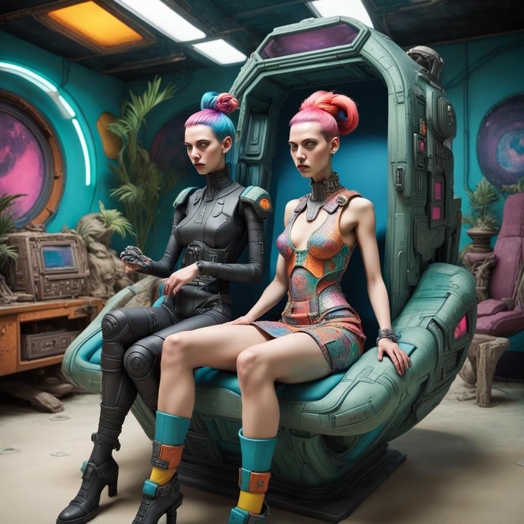 Cyberpunk Goddesses Riding Spacecraft on Vibrant Tropical Pl...