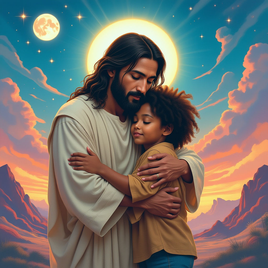 Child Embraced by Jesus in Futuristic Landscape