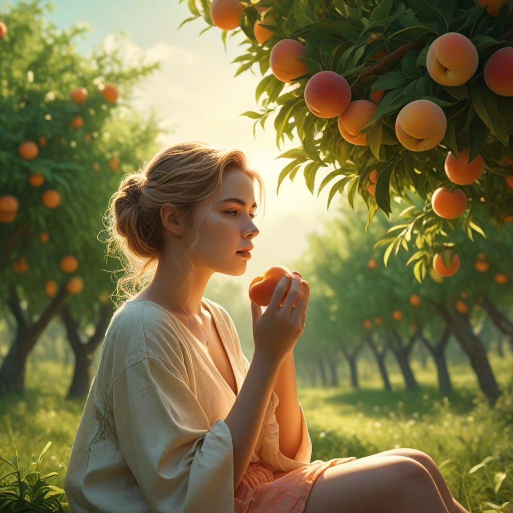 Person Eating Peach in Vibrant Orchard