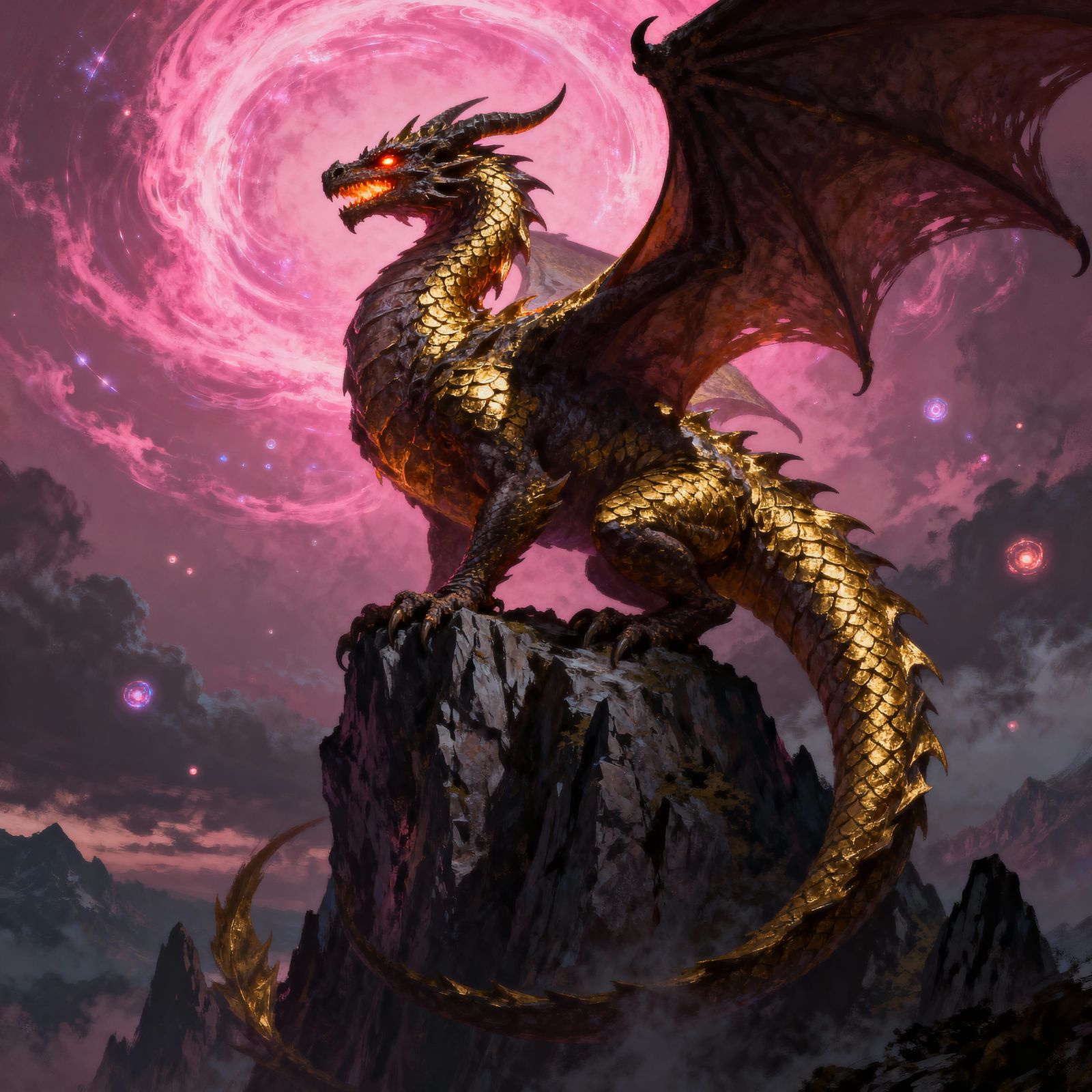 Golden Dragon on Mountain Peak Under Pink Magic Sky