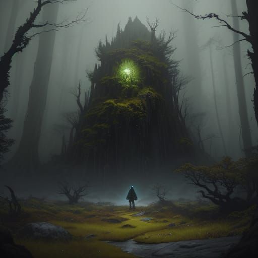 Mystical Druid in Dark Woodland Scene with Ethereal Moss and...