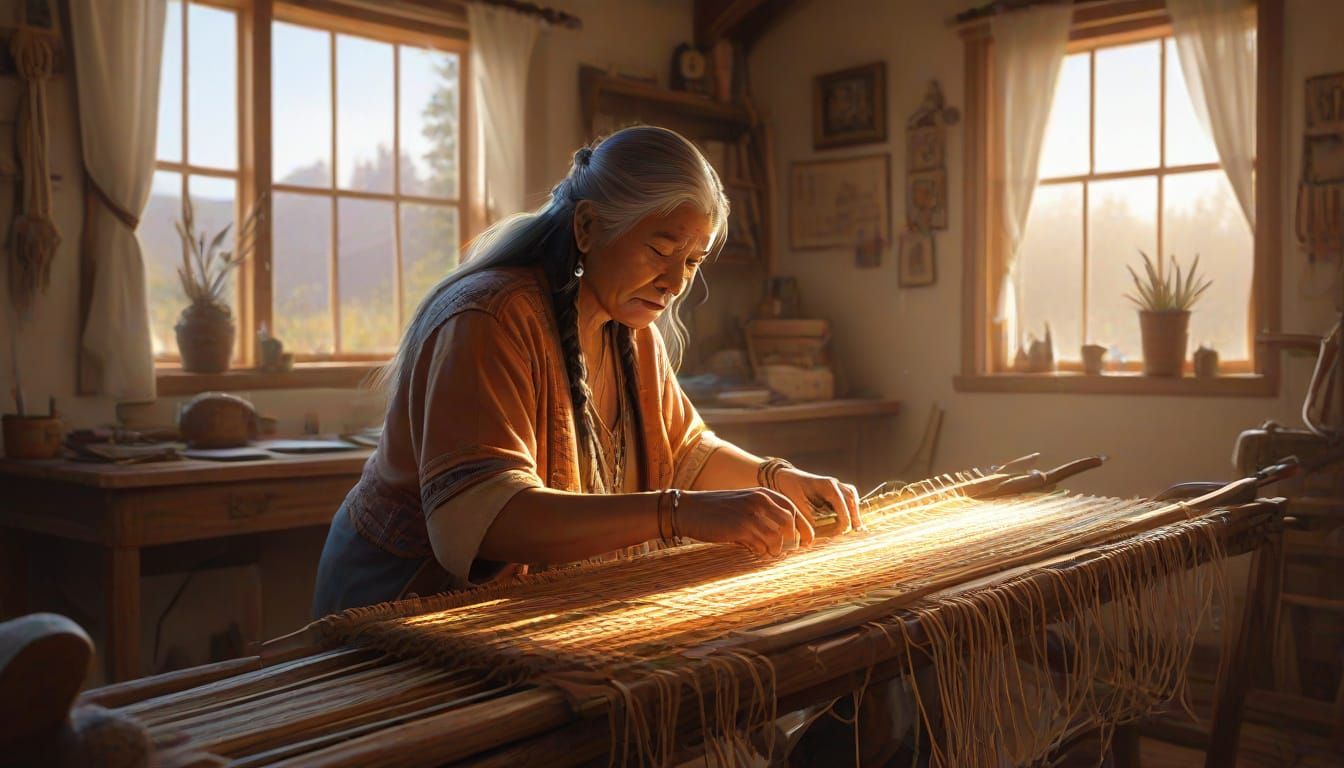 Native American Grandma Weaving Magic Blanket in Sunlit Room