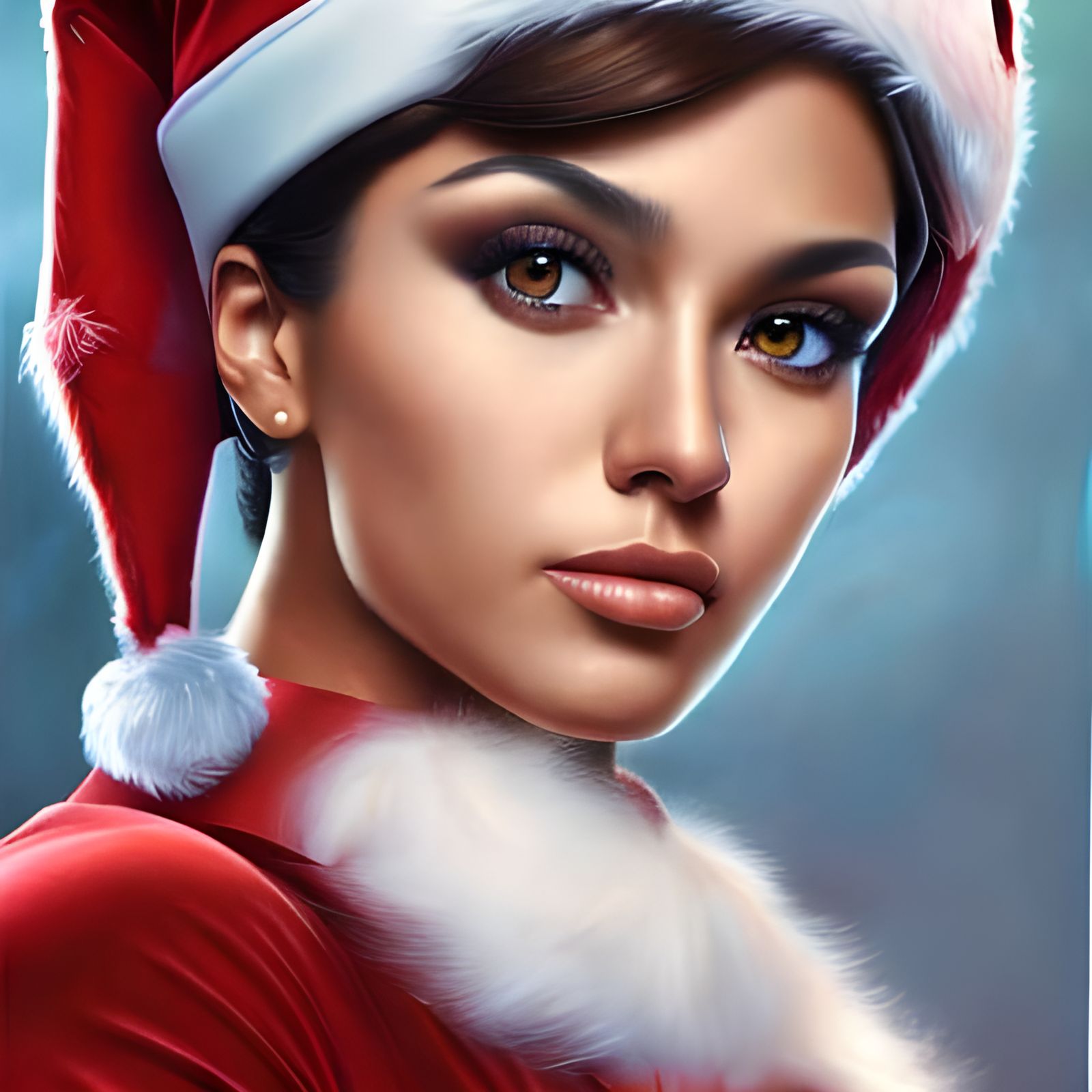 Gorgeous Hispanic Woman in Santa Hat, Hyperrealistic Portrai...