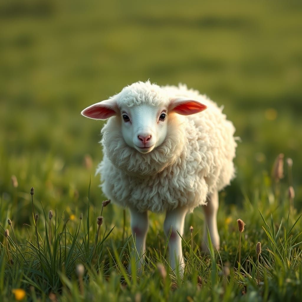 Lush Meadow Scene with Timid Lamb