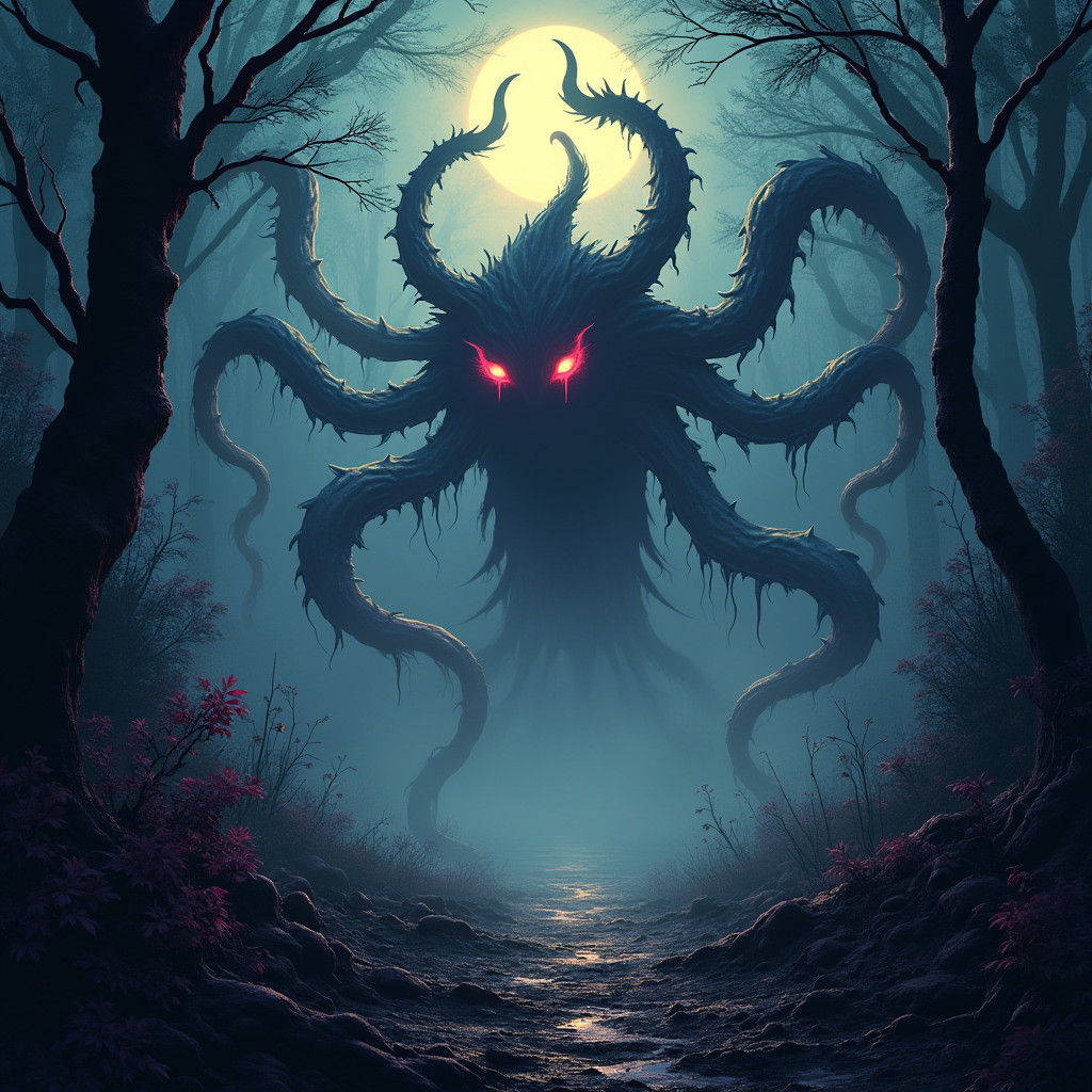 Ethereal Shadow Weaver Emerges from Moonlit Forest in Cyberp...