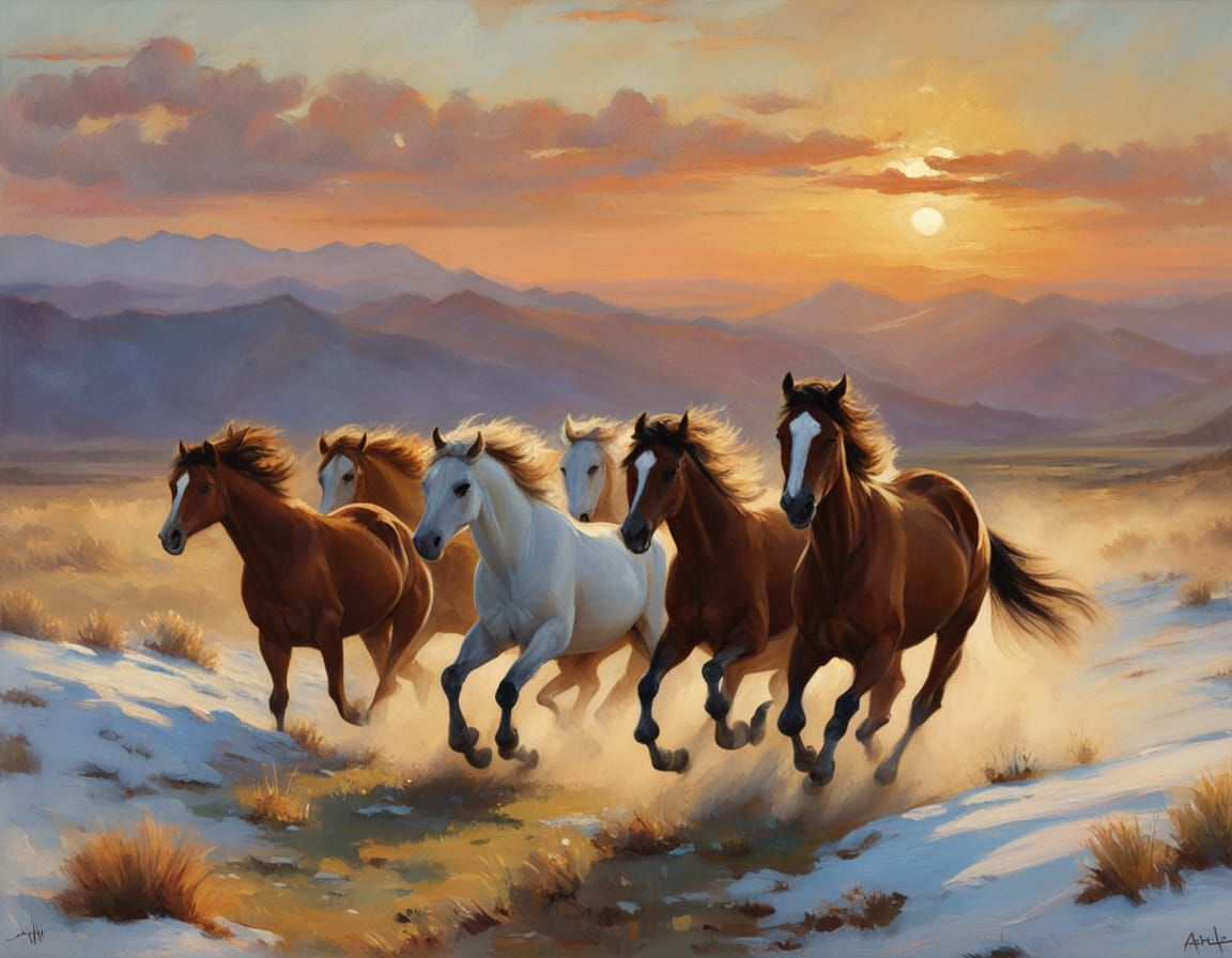 Wild Horses Gallop Across Plain in Golden Light