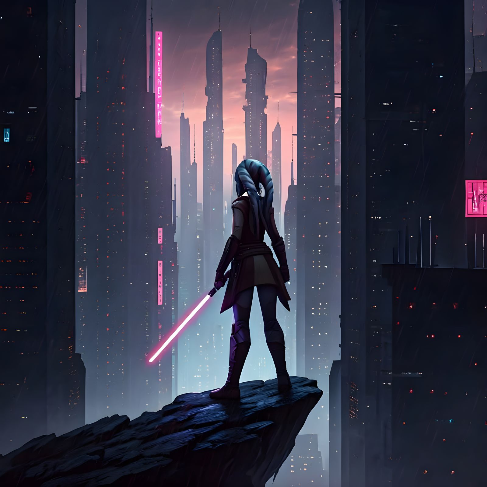 Twi'lek Jedi Knight in Cyberpunk Cityscape