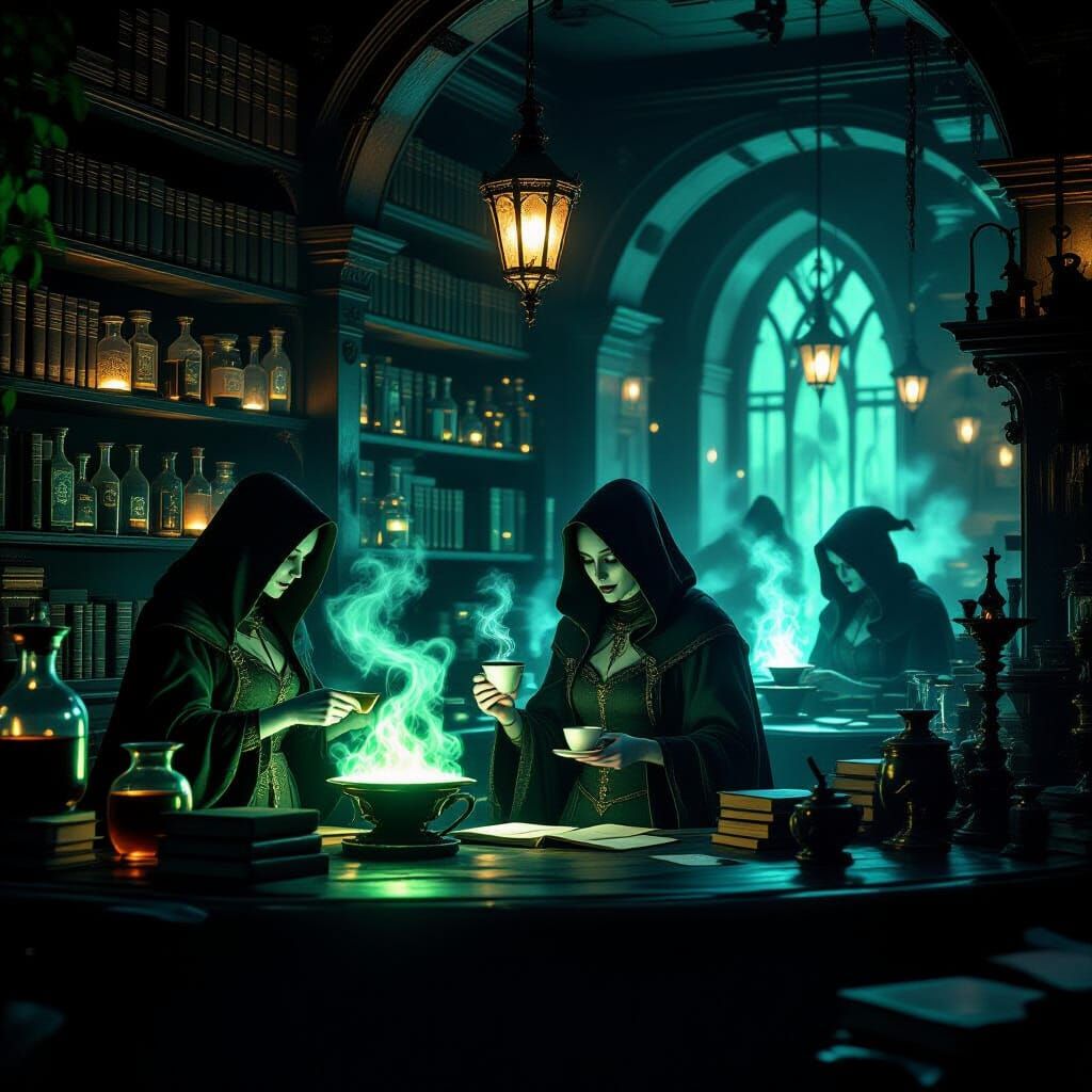 Mystical Coffeehouse with Spectral Baristas and Glowing Drin...