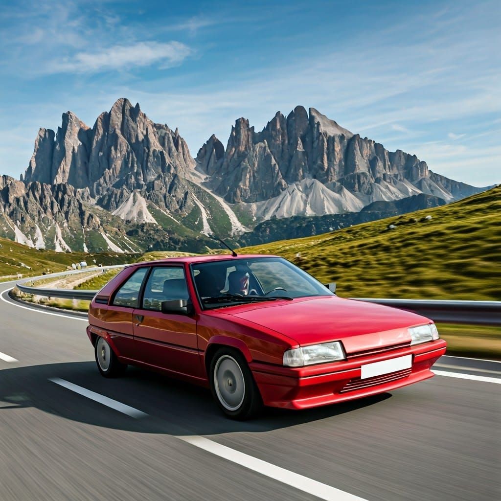 Futuristic Red Citroen BX Speeds Through Dolomites