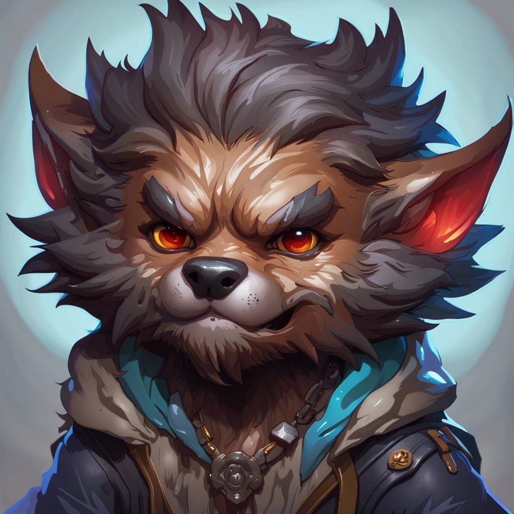 Surreal Chibi Werewolf Portrait in Triadic Colors