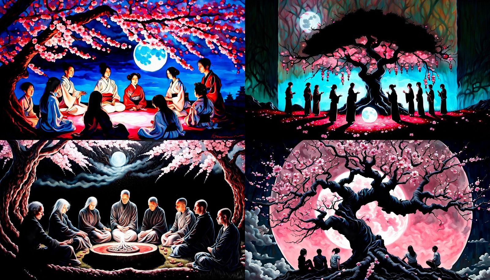 Demonic Forces Beneath a Cherry Blossom Tree Lit by Full Moo...