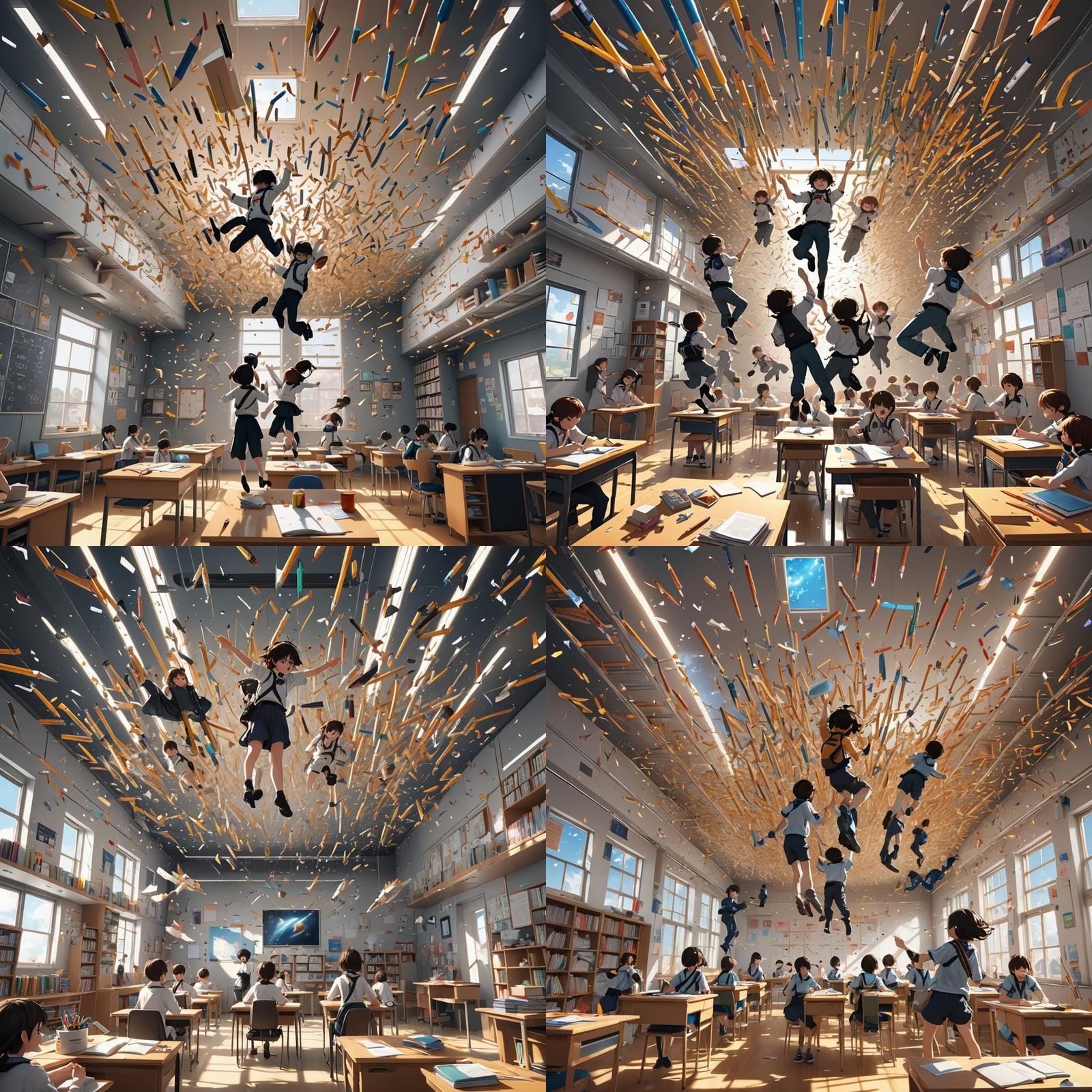 Students in a Zero-Gravity School Surrounded by a Storm of W...