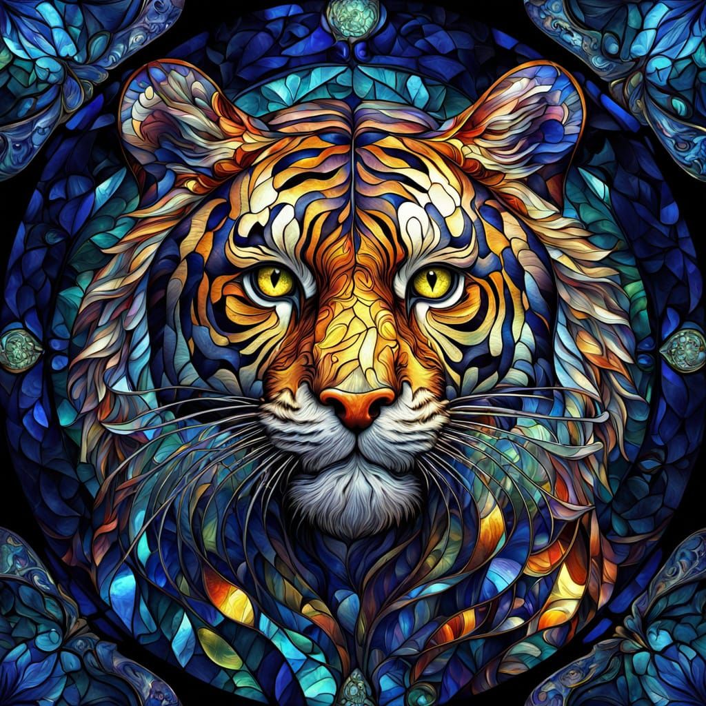 Majestic Tiger Stained Glass Portrait in Art Nouveau Style