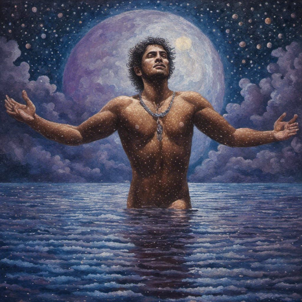 Naked Indian God in Moody Ocean Scene
