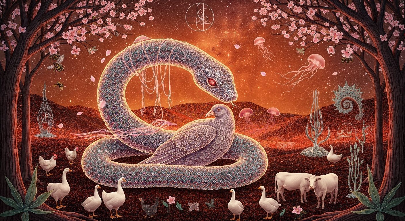 Surreal Snake Trance in Dreamlike Forest Landscape