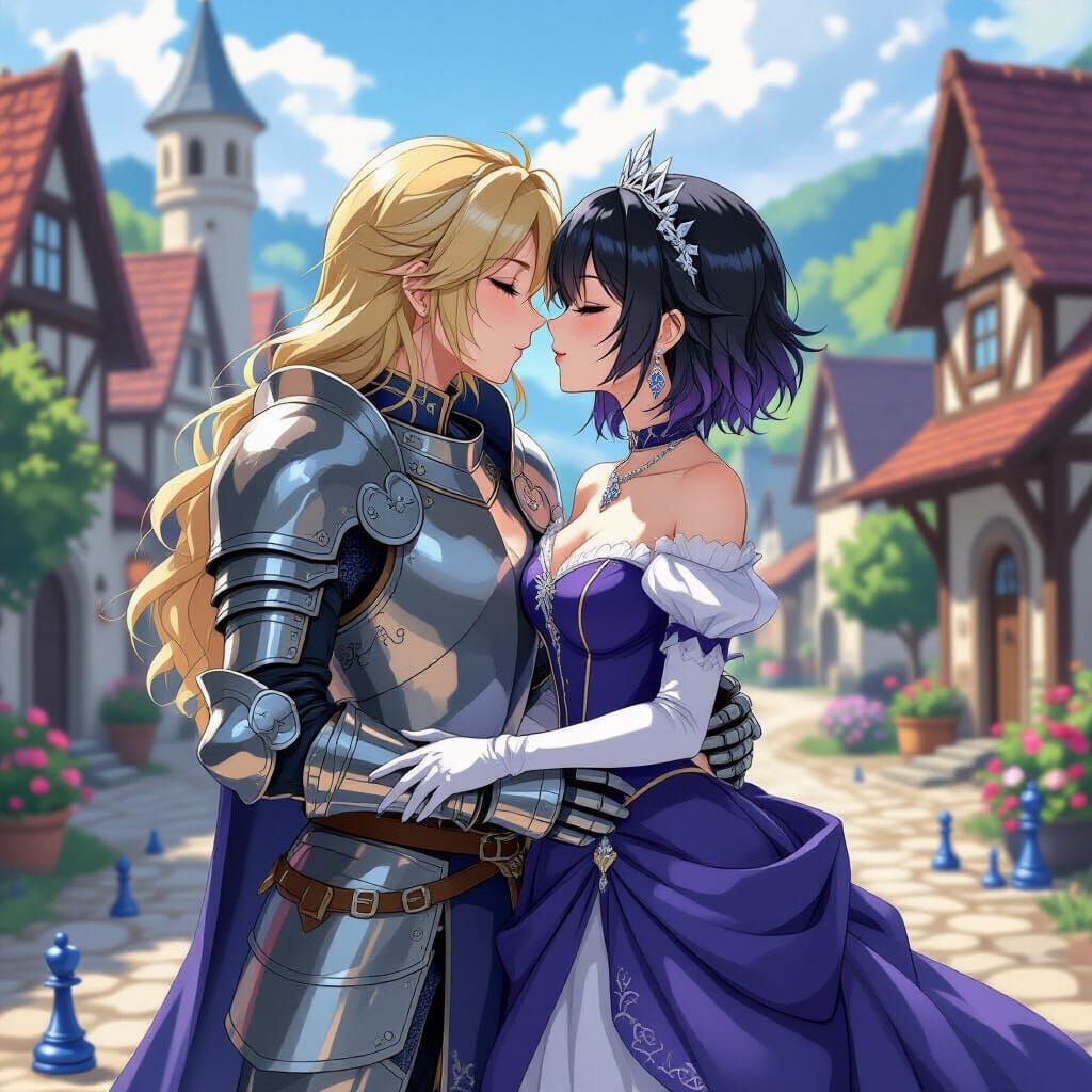 Anime Knight and Princess Kiss in Village