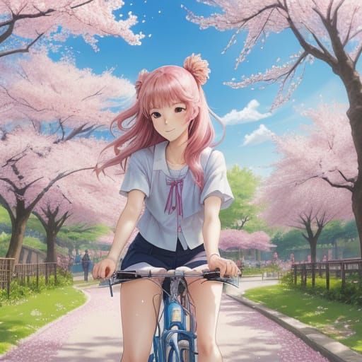 Sakura Whimsy: Anime Girl Rides Bicycle in Vibrant Spring Pa...