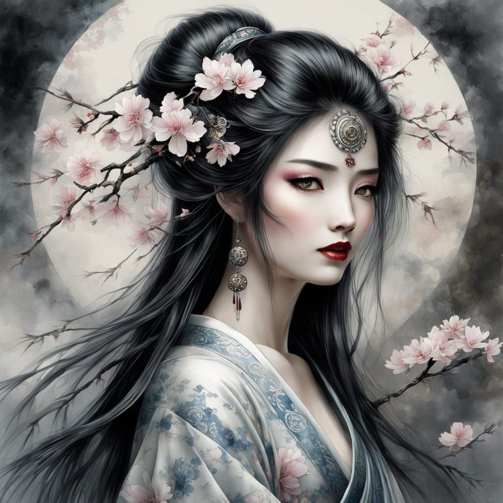 Surreal Geisha in Long Kimono, Blending Eastern Mystique