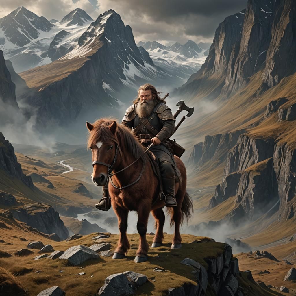 Epic Mountain Digital Painting with Dwarf and Pony