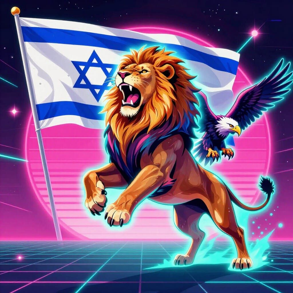 Majestic Lion and Eagle with Israeli Flag in Neon Retro Styl...