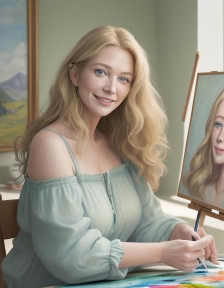 Beautiful Woman Paints Self-Portrait in Masterpiece
