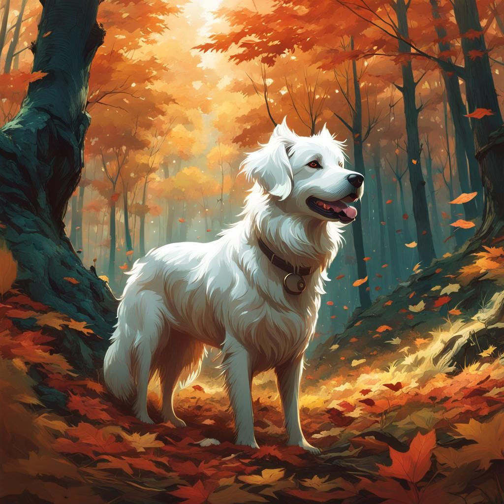 A Dog Surrounded by Autumn Leaves in Hyperdetailed Forest Sc...