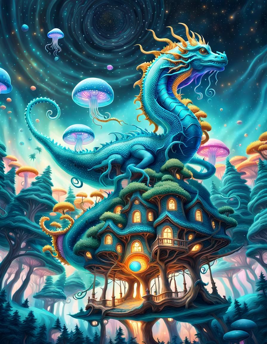 Dragon Soars Through Turquoise Cosmic Forest in Vibrant Poin...