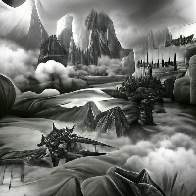 Epic Fantasy Landscape in Dark Monochromatic Style