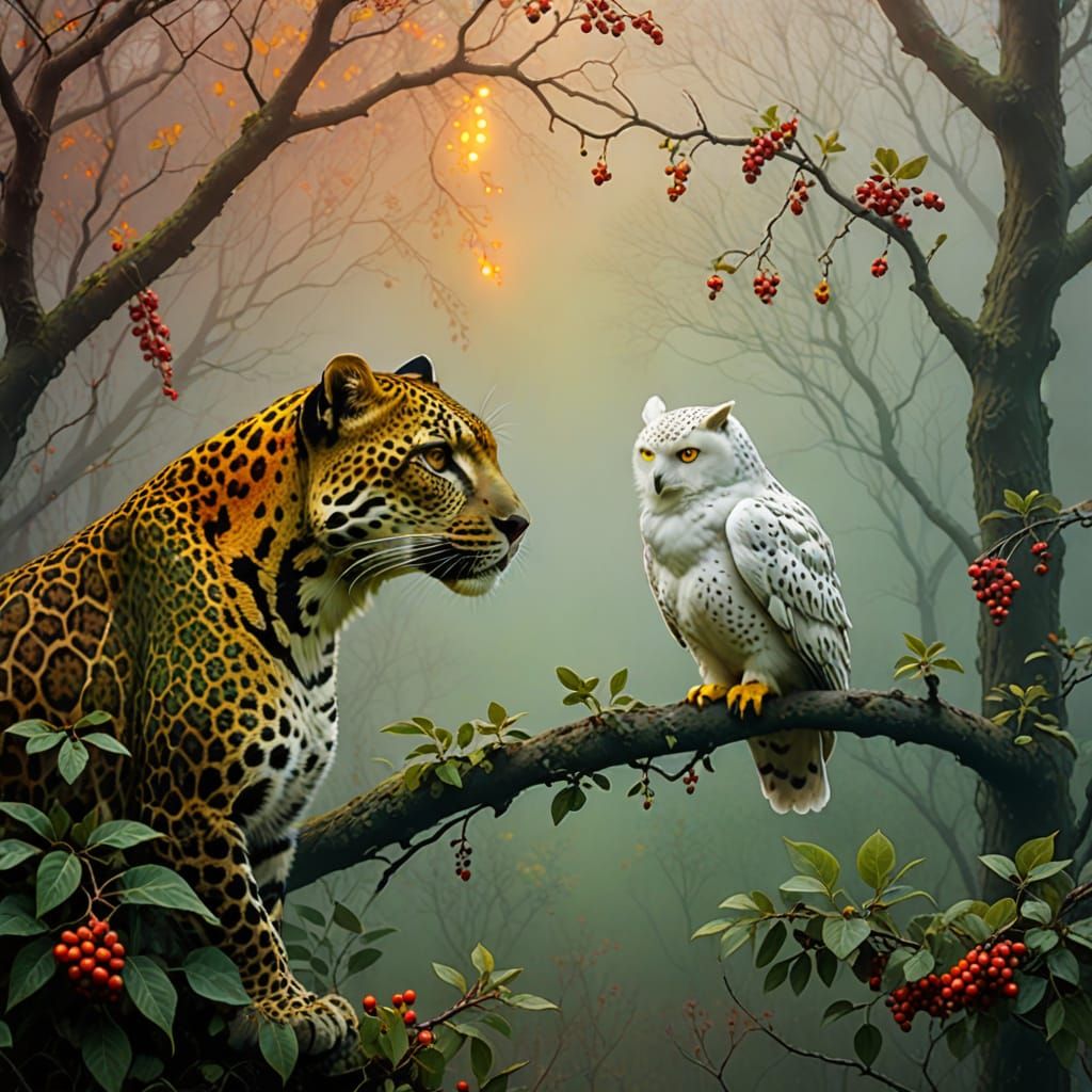 Leopard Contemplates a Majestic White Owl in Vibrant, Dreaml...