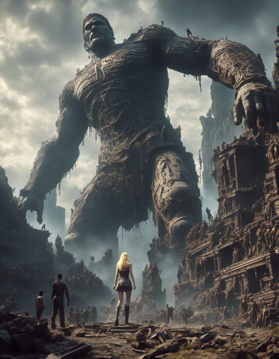 Giant Blonde Woman in Colossus Shadow, Epic Heroic Pose