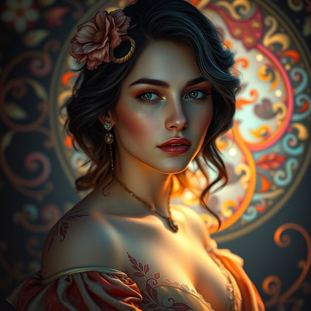 Elegant Woman in Longing, Art Nouveau-Inspired Portrait with...