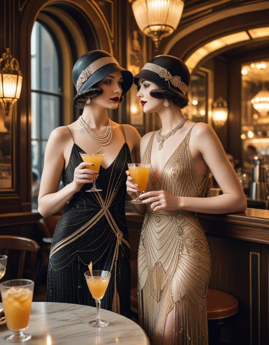 Art Deco Paris Cafe Scene with Glamorous Flappers