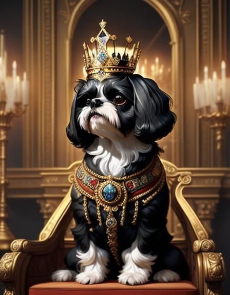 Crowned Shih Tzu Queen on Opulent Victorian Throne