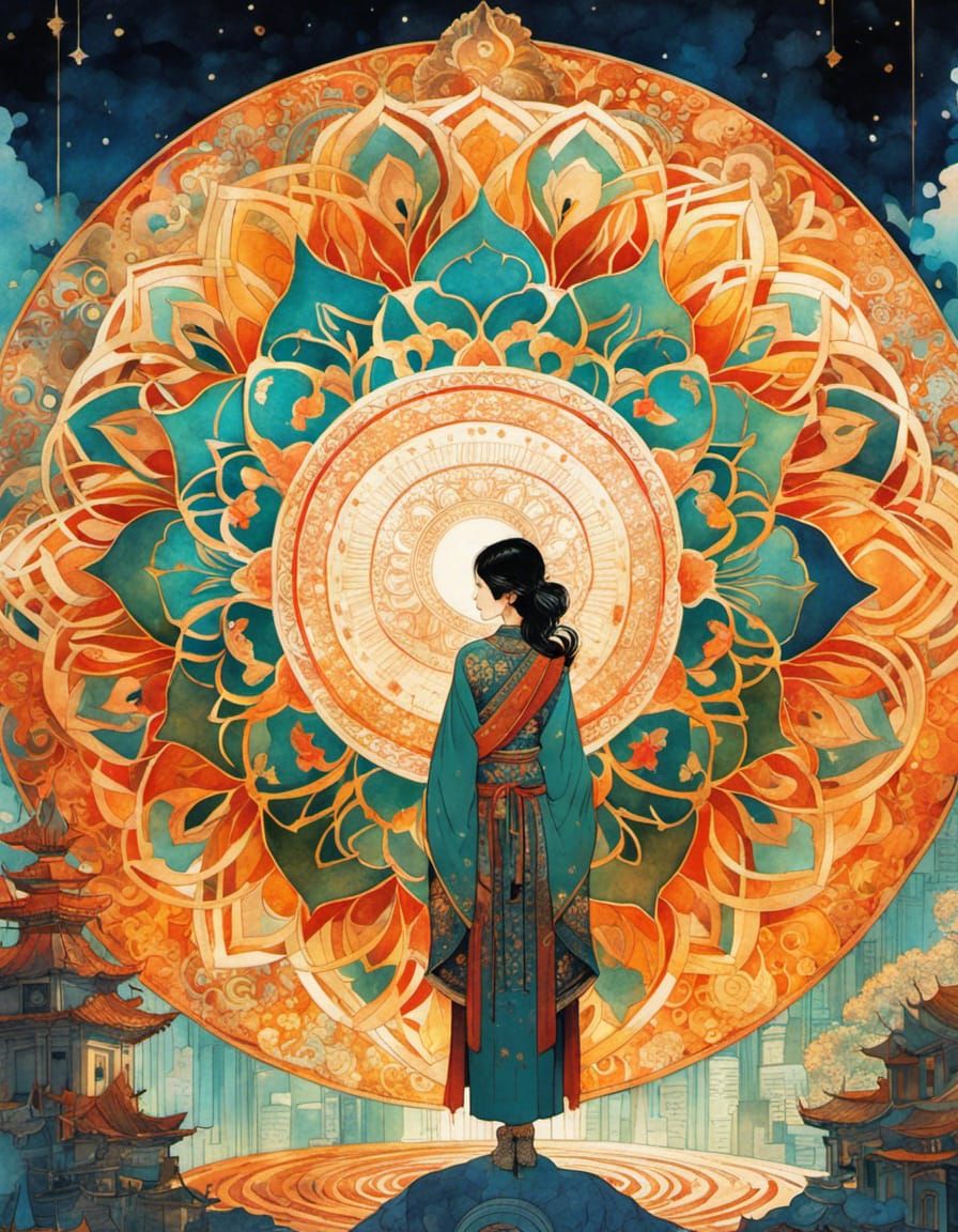 Ethereal Woman Amidst Vibrant Mandalas in Cyberpunk Watercol...