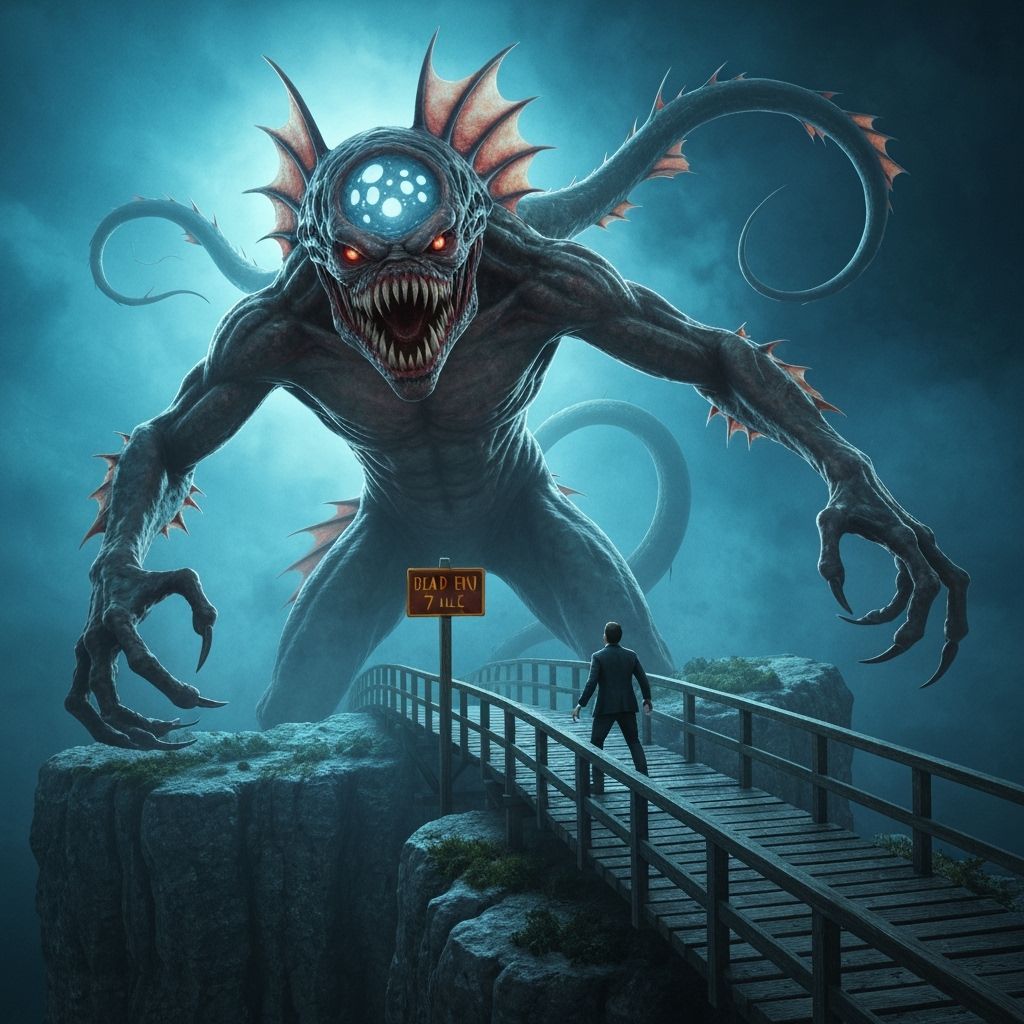 Eldritch Nightmare Creature Attacks Man on Cliff Bridge
