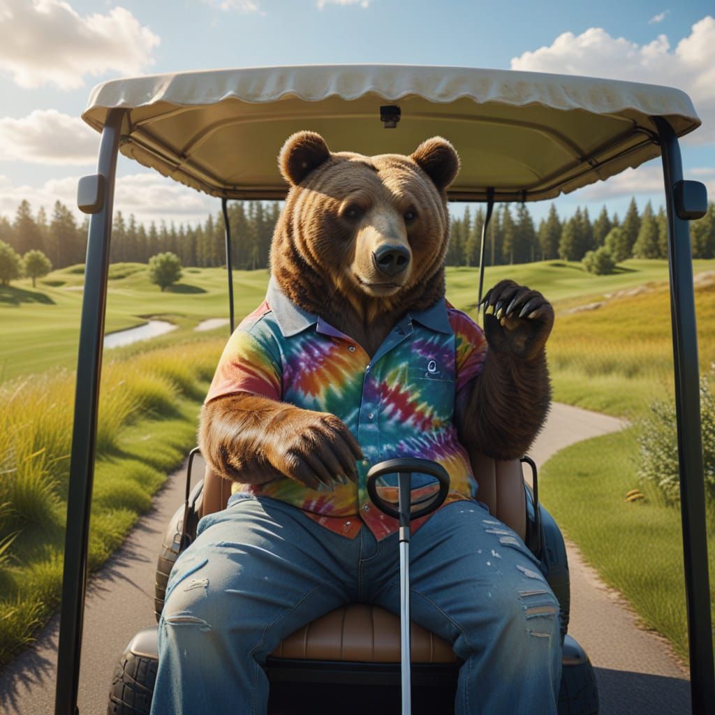 Bear Driving Golf Cart in Surreal Environment